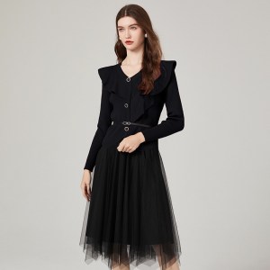 Autumn And Winter Two-piece Suit Women's Autumn And Winter V-neck Lace Clinch Long-sleeved Sweater Slimming Mesh Dress